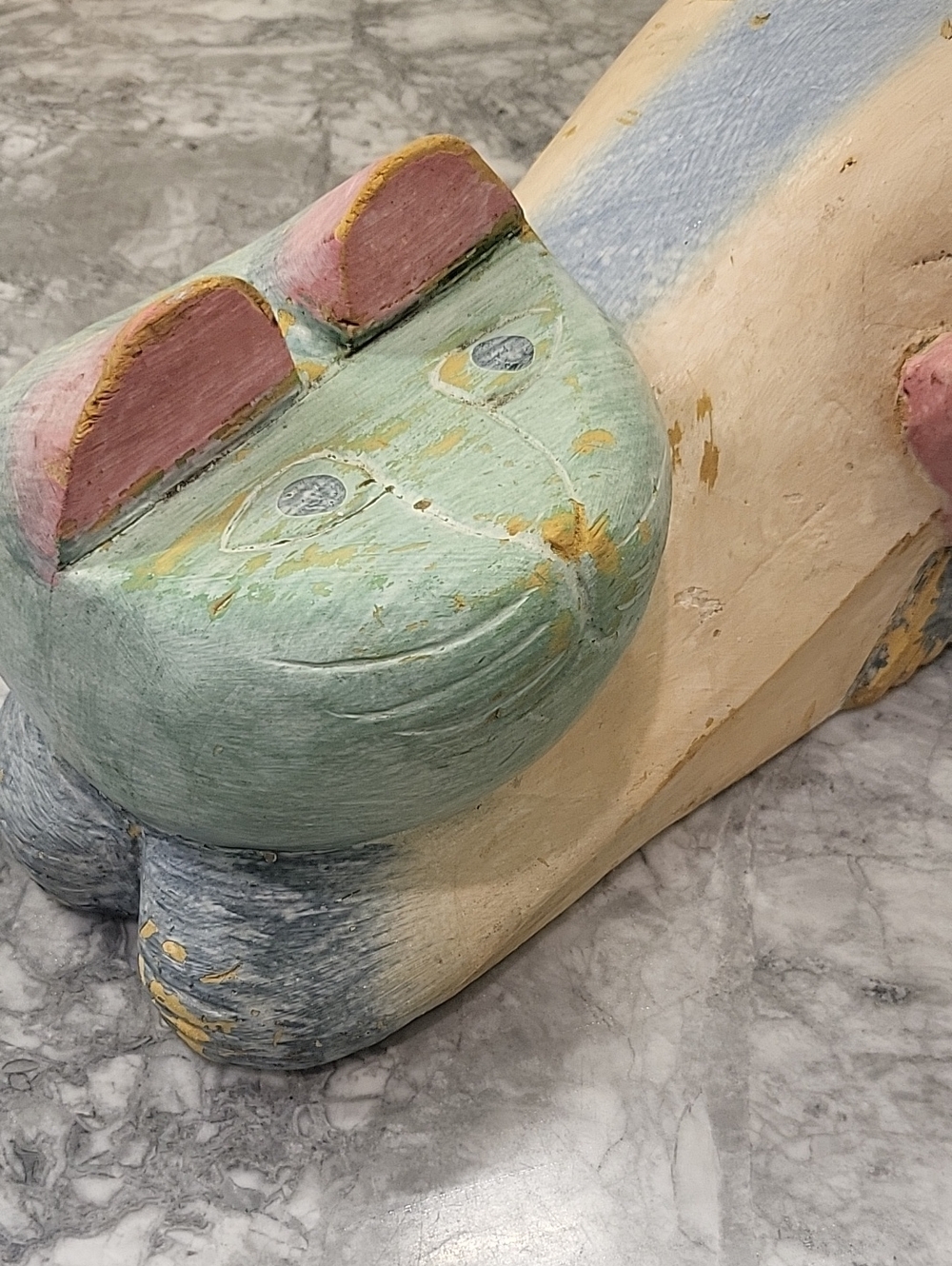 1980s Pastel Folk Art Cat Decor Vintage - Mint, Pink Wood Hand Carved Painted